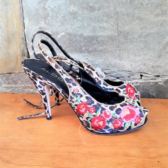 Aldo Embroidered Leopard Print Heels Size 6.5